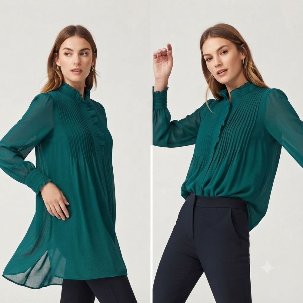 Sezane Green Pleated Ruffle High Neck Long Sleeve Button Blouse Shirt 36 US 4